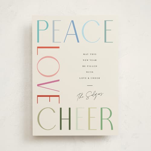 This is a fruitcake non photo holiday cards with standard by Pixel and Hank called peace love cheer printing on signature in standard