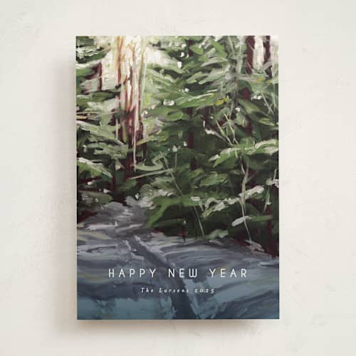 This is a pine non photo holiday cards with standard by Holly Whitcomb called peaceful forest printing on signature in standard
