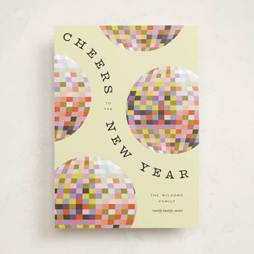This is a sun non photo holiday cards with standard by Pixel and Hank called new year disco printing on signature in standard