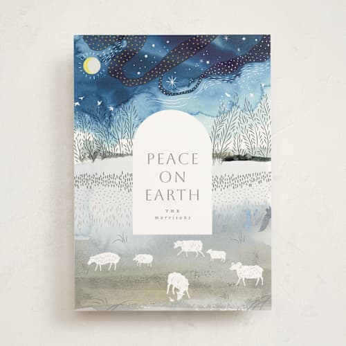 This is a indigo non photo holiday cards with standard by Eve Schultz called winter pastoral printing on signature in standard