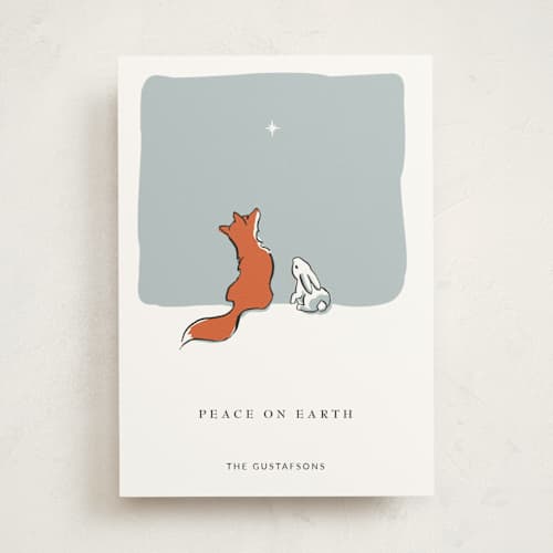 This is a frost non photo holiday cards with standard by Diane Pearse called peace on earth fox and rabbit printing on signature in standard