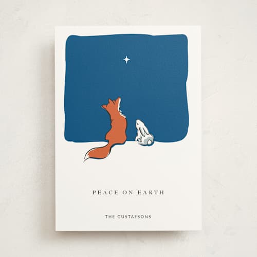This is a twilight non photo holiday cards with standard by Diane Pearse called peace on earth fox and rabbit printing on signature in standard