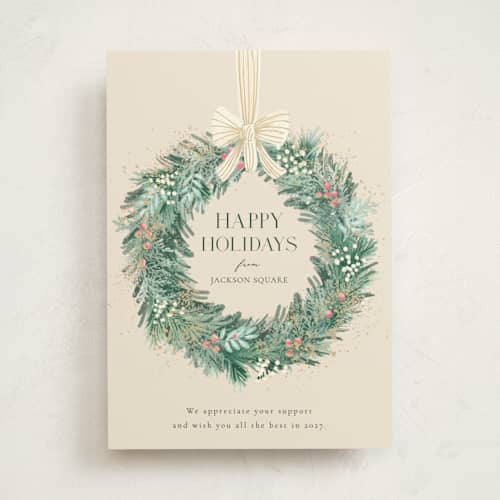 This is a vanilla non photo holiday cards with standard by frau brandt called natural wreath printing on signature in standard