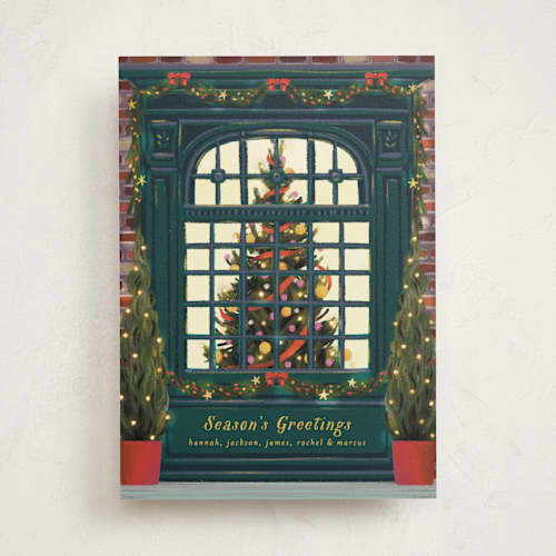 This is a dark turquoise non photo holiday cards with standard by Becky Nimoy called christmas window printing on signature in standard