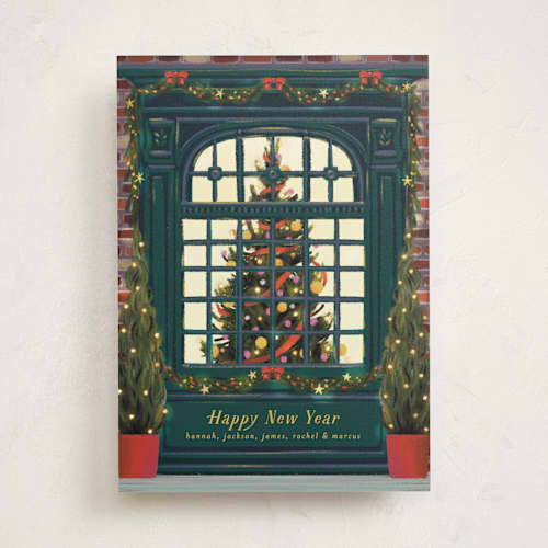 This is a dark turquoise non photo holiday cards with standard by Becky Nimoy called christmas window printing on signature in standard