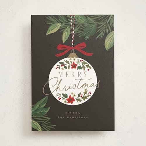This is a coal non photo holiday cards with standard by Everett Paper Goods called ornament branch printing on signature in standard