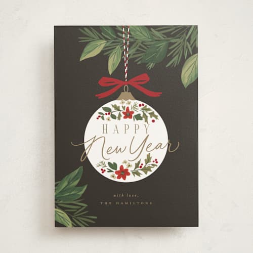 This is a coal non photo holiday cards with standard by Everett Paper Goods called ornament branch printing on signature in standard