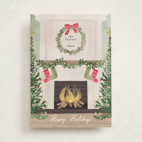 This is a fern non photo holiday cards with standard by Petra Kern called cosy fireplace printing on signature in standard