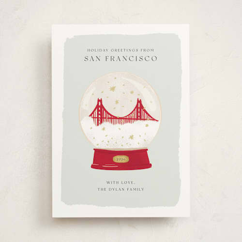 This is a juniper non photo holiday cards with standard by Laura Bercovich called golden gate globe printing on signature in standard