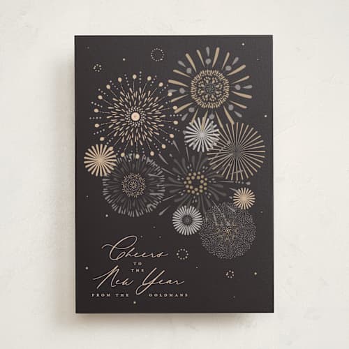 This is a midnight non photo holiday cards with standard by Kamala Nahas called fancy fireworks printing on signature in standard