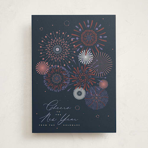 This is a twilight non photo holiday cards with standard by Kamala Nahas called fancy fireworks printing on signature in standard