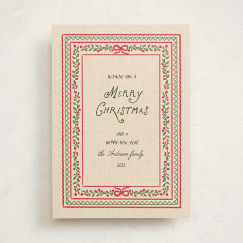 This is a santa suit non photo holiday cards with standard by Creo Study called embroidered heritage printing on signature in standard