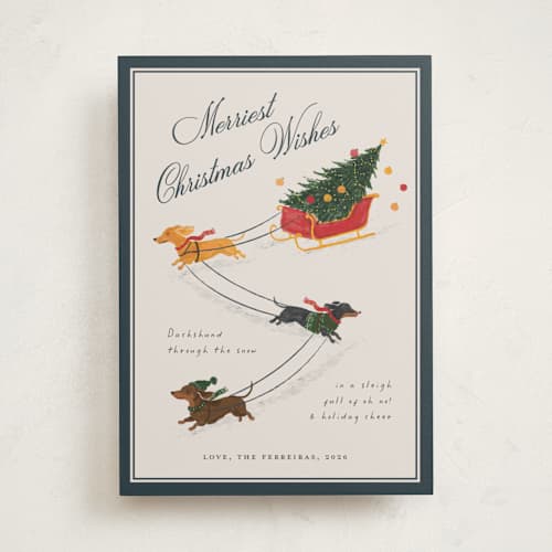 This is a winter slate non photo holiday cards with standard by Ana de Sousa called wiener wonderland printing on signature in standard
