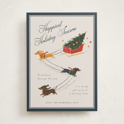 This is a winter slate non photo holiday cards with standard by Ana de Sousa called wiener wonderland printing on signature in standard
