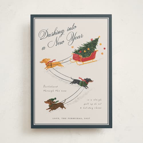 This is a winter slate non photo holiday cards with standard by Ana de Sousa called wiener wonderland printing on signature in standard