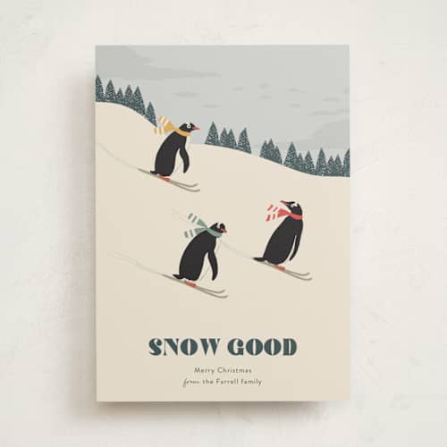 This is a tutti frutti non photo holiday cards with standard by Kampai Designs called skiing penguins printing on signature in standard