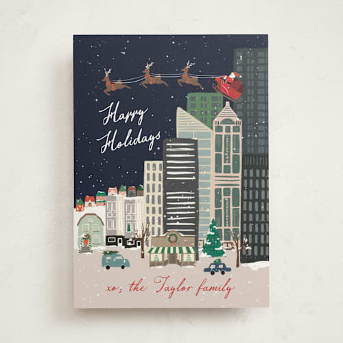 This is a navy non photo holiday cards with standard by Alethea and Ruth called christmas night in the city printing on signature in standard