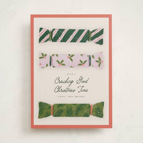 This is a persimmon non photo holiday cards with standard by Lottie Aldarwish called crackers printing on signature in standard