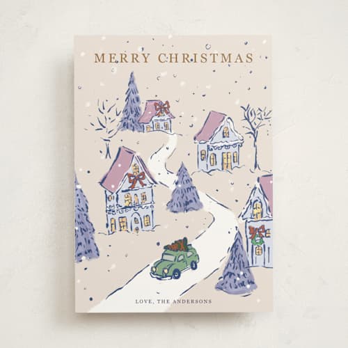 This is a winter spruce non photo holiday cards with standard by Cass Loh called snowy village drive printing on signature in standard