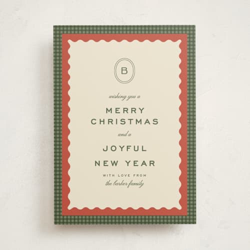This is a forest non photo holiday cards with standard by Ellen Schlegelmilch called gingham layers printing on signature in standard
