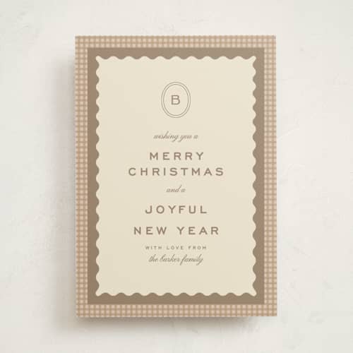 This is a cinnamon non photo holiday cards with standard by Ellen Schlegelmilch called gingham layers printing on signature in standard