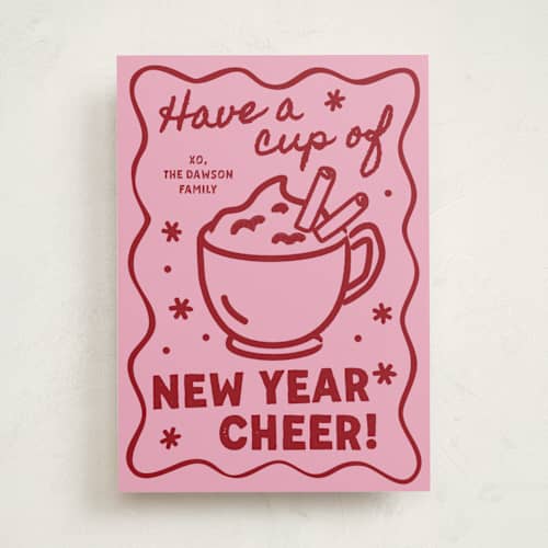 This is a raspberry non photo holiday cards with standard by Jennifer Lew called holiday cheer printing on signature in standard