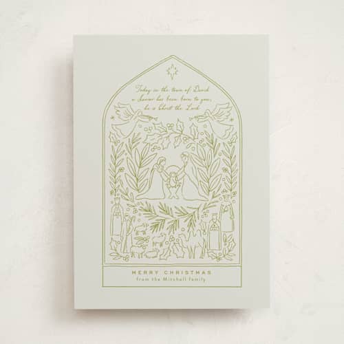 This is a sage non photo holiday cards with standard by Alethea and Ruth called nativity scene printing on signature in standard
