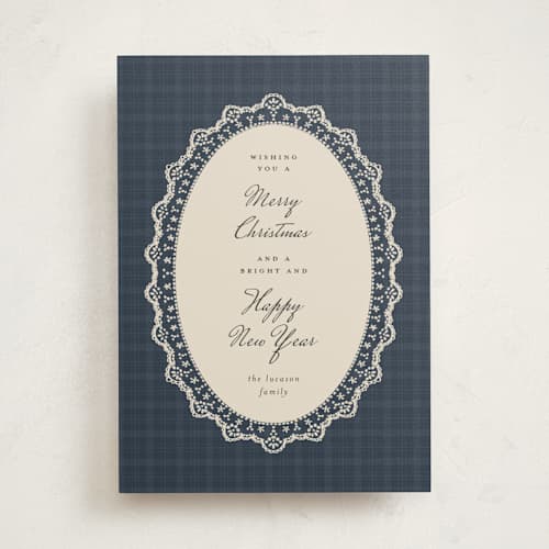 This is a midnight non photo holiday cards with standard by Jelena Vuletic called lacy printing on signature in standard