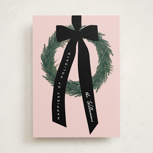 This is a christmas rose non photo holiday cards with standard by Baumbirdy called ribbon wreath printing on signature in standard