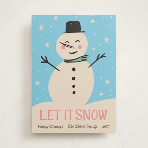 This is a bright aqua non photo holiday cards with standard by Angel Walker called let it snowman printing on signature in standard