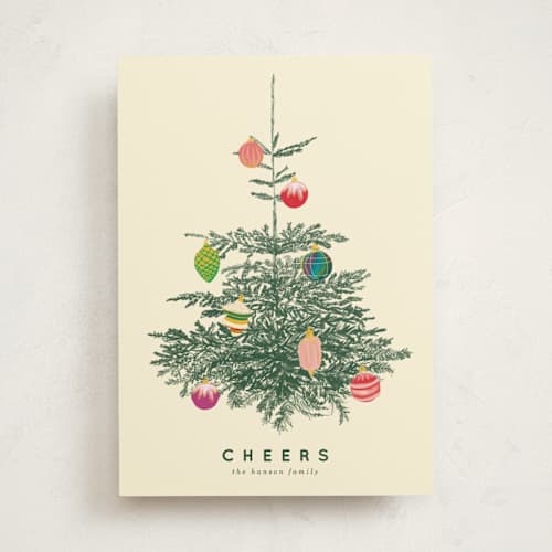 This is a ivory non photo holiday cards with standard by Baumbirdy called retro tree printing on signature in standard