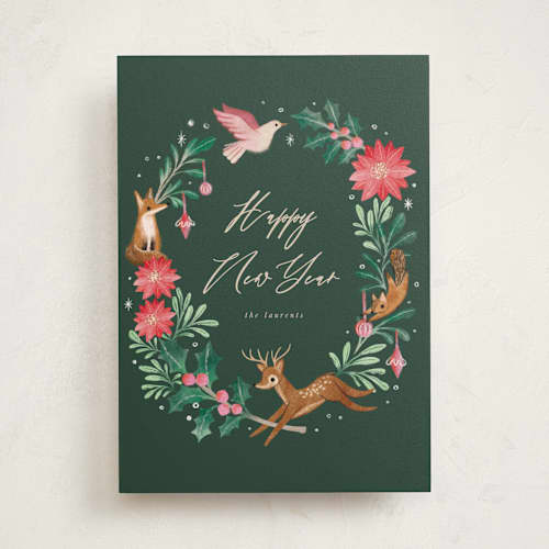 This is a forest non photo holiday cards with standard by Vivian Yiwing called woodland wreath printing on signature in standard