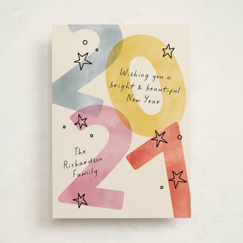 This is a party non photo holiday cards with standard by Pixel and Hank called new year stars printing on signature in standard