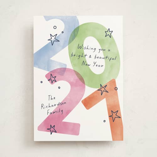 This is a frosting non photo holiday cards with standard by Pixel and Hank called new year stars printing on signature in standard