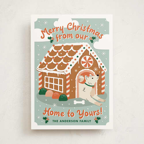 This is a cider non photo holiday cards with standard by THE SOCIAL TYPE WHOLESALE called gingerbread dog house printing on signature in standard