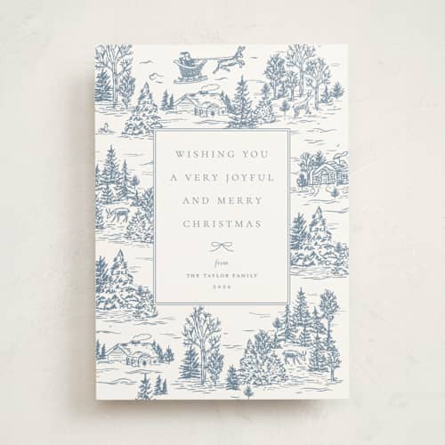 This is a periwinkle non photo holiday cards with standard by Jennifer Lew called christmas toile printing on signature in standard
