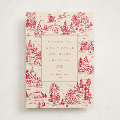 This is a crimson non photo holiday cards with standard by Jennifer Lew called christmas toile printing on signature in standard