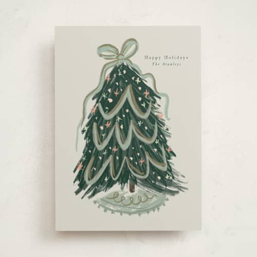 This is a sage non photo holiday cards with standard by Lori Wemple called merry christmas tree printing on signature in standard