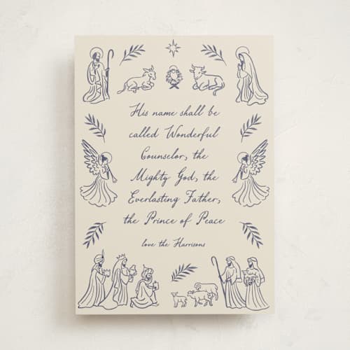 This is a indigo non photo holiday cards with standard by Jamie Alexander called nativity printing on signature in standard