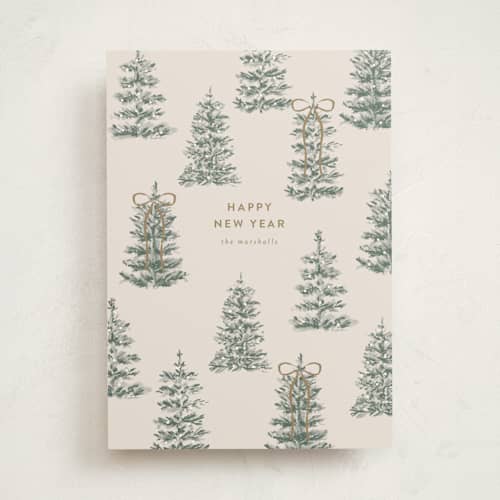This is a champagne non photo holiday cards with standard by Angela Garrick called festive forest printing on signature in standard