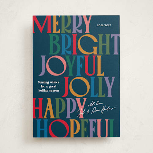 This is a night sky non photo holiday cards with standard by Owl and Toad called colorful characters printing on signature in standard