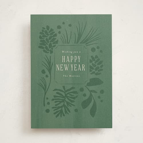 This is a wintergreen non photo holiday cards with standard by Jennifer Wick called pines and pinecones printing on signature in standard