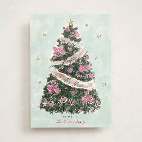 This is a winter rose non photo holiday cards with standard by Cass Loh called evergreen magic printing on signature in standard