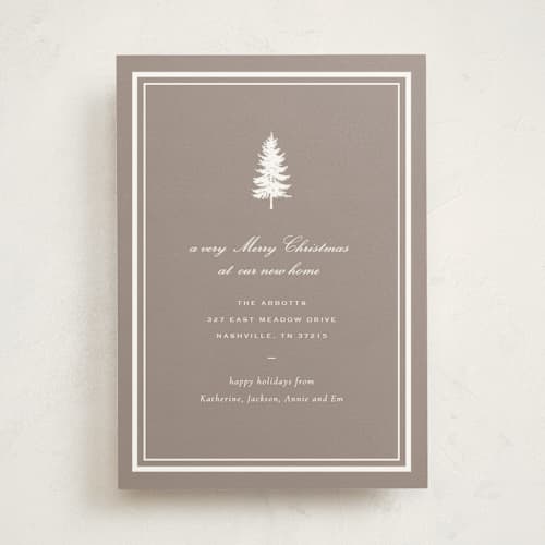 This is a cocoa non photo holiday cards with standard by Sara Hicks Malone called holiday move printing on signature in standard
