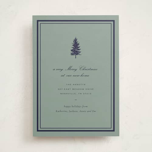 This is a sage non photo holiday cards with standard by Sara Hicks Malone called holiday move printing on signature in standard