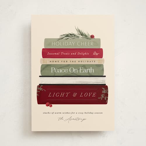 This is a sugared cranberry non photo holiday cards with standard by Kate Ahn called book stack printing on signature in standard