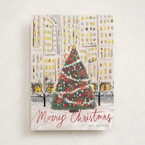 This is a candy cane non photo holiday cards with standard by Cass Loh called city christmas tree printing on signature in standard