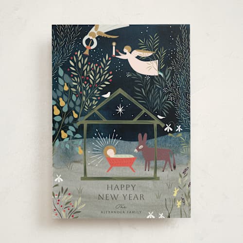 This is a renaissance non photo holiday cards with standard by Eve Schultz called nativity garden printing on signature in standard