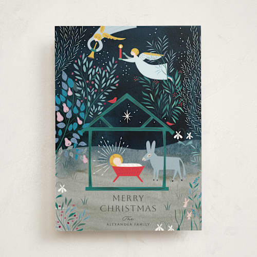 This is a tapestry non photo holiday cards with standard by Eve Schultz called nativity garden printing on signature in standard