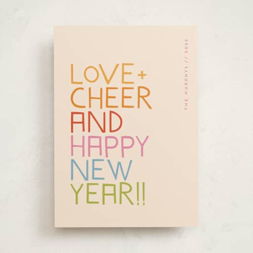 This is a rainbow non photo holiday cards with standard by Snow and Ivy called love and cheer printing on signature in standard
